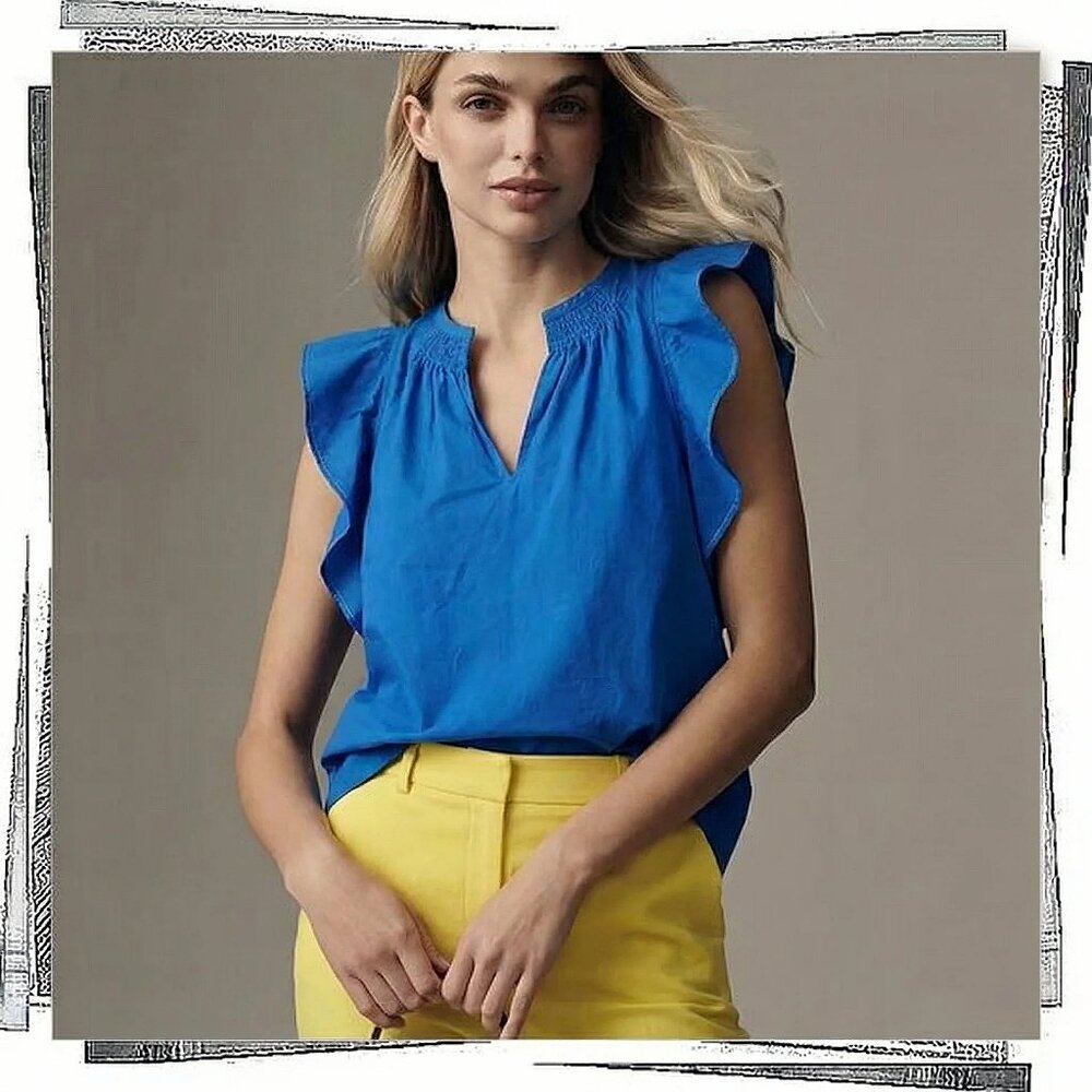 NWOT: Feminine Blue V-Neck Ruffled Blouse w/ Short Sleeves (2) by  HD in Paris